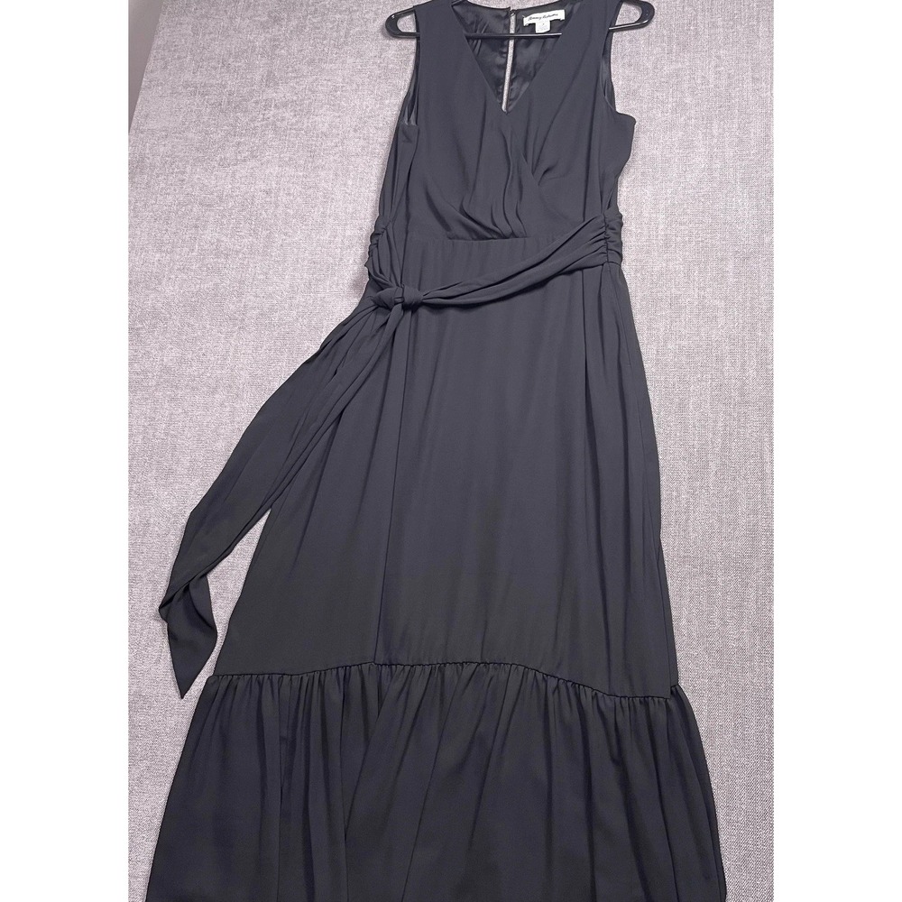 Tommy Bahama Tiered Maxi Dress Womens 14 Black Faux Wrap V Neck Ruffle Belted